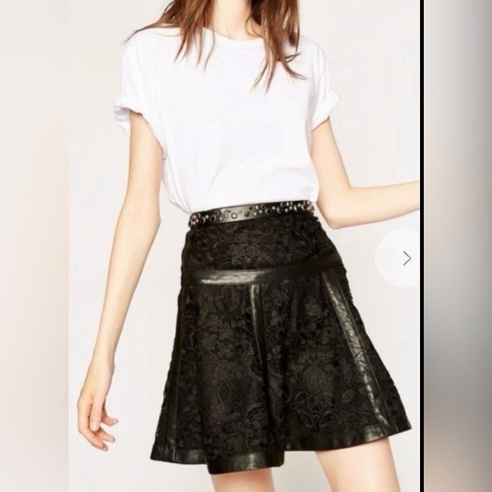 BNWT The Kooples Black Lace & Leather Botanique flare Skirt, size 38 (US 6),$370